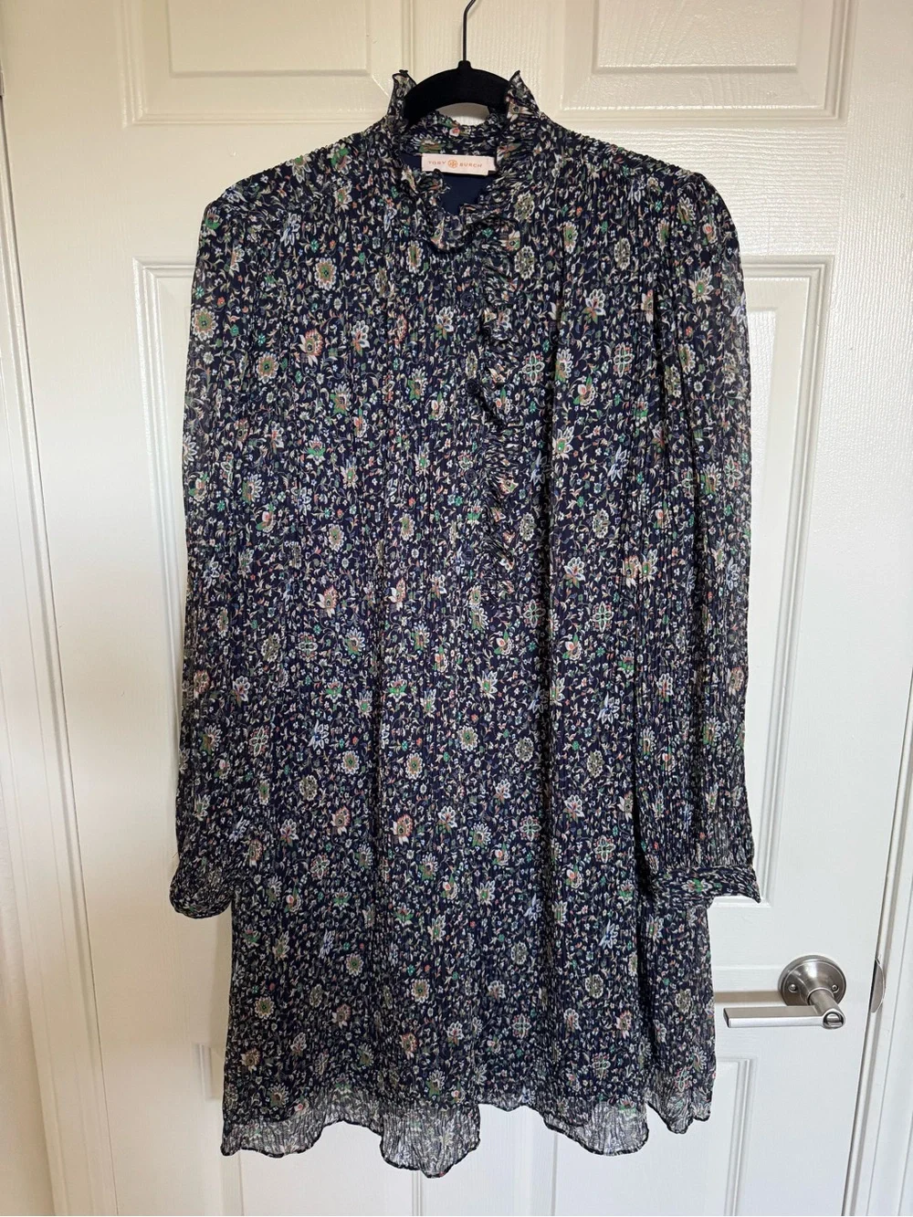 Tory Burch Navy Floral Long-Sleeve Ruffle Tie-Waist Dress